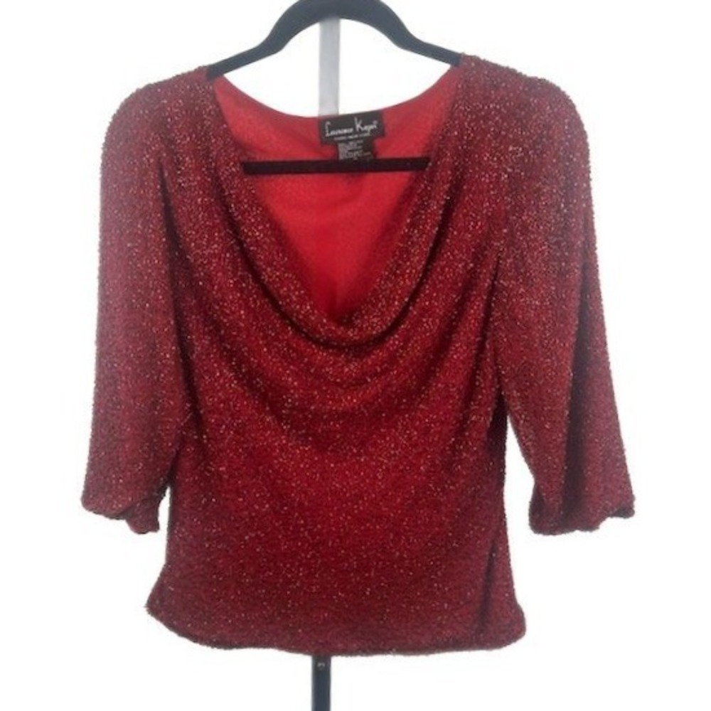 Laurence Kazar Red Silk Beaded Top 3/4 Sleeve Party Holiday Blouse Size Medium